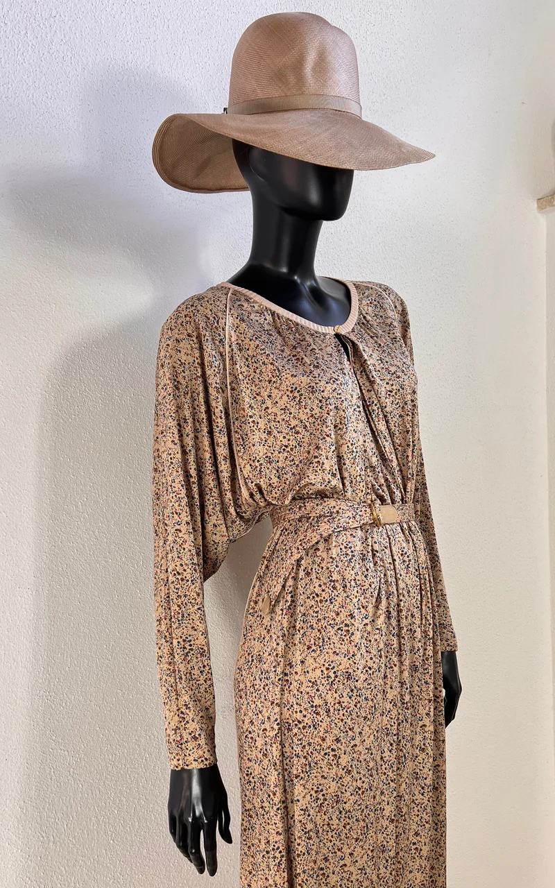 Vintage 70s Ranotto Silk Jersey Flower Dress with Drapped Batwing Sleeves