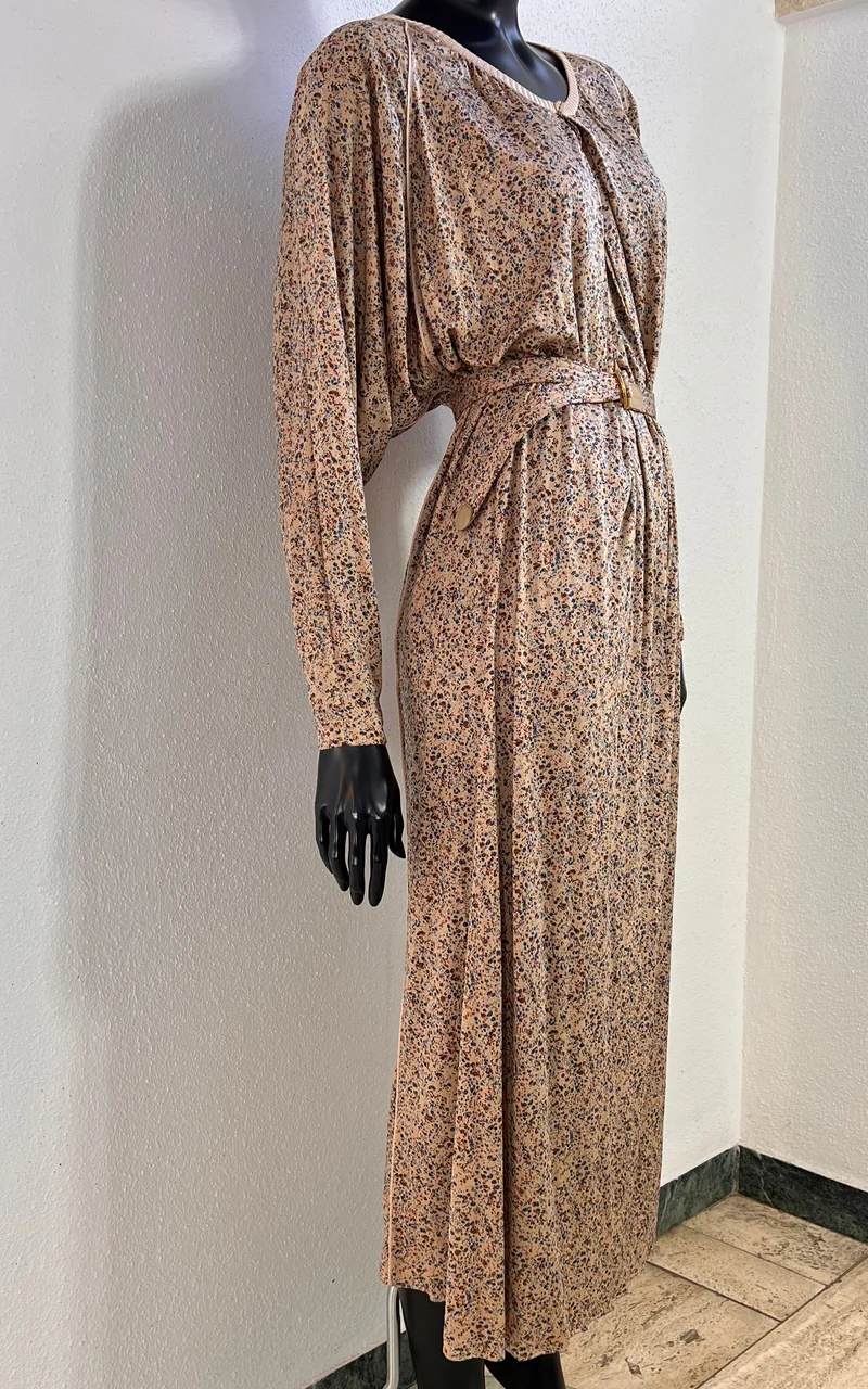 Vintage 70s Ranotto Silk Jersey Flower Dress with Drapped Batwing Sleeves