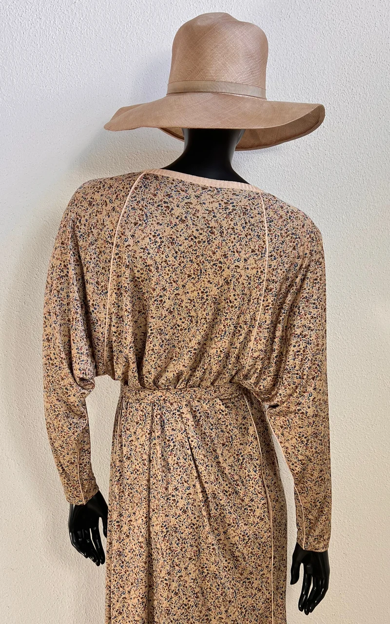 Vintage 70s Ranotto Silk Jersey Flower Dress with Drapped Batwing Sleeves