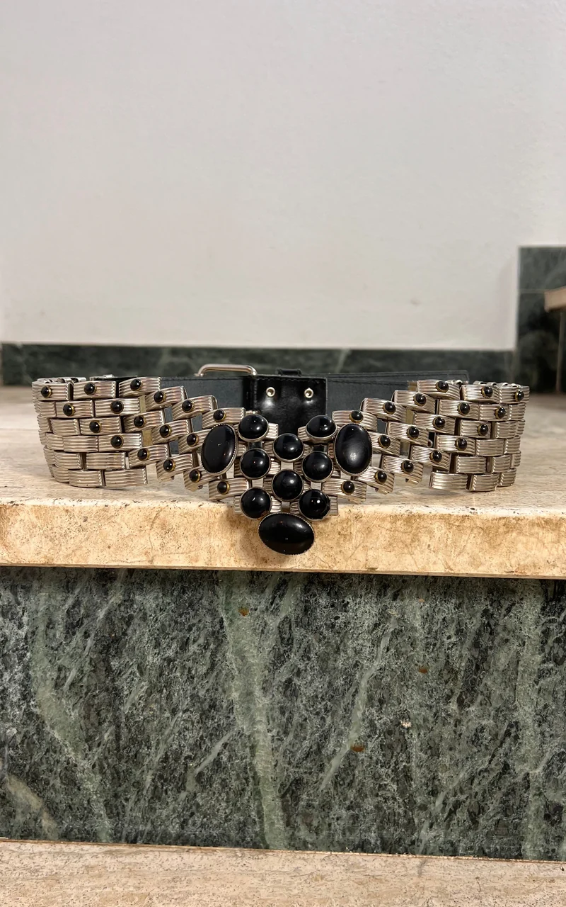 Vintage Silver Metal Statement Belt with Black Stones