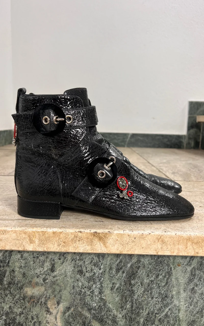 Christian Dior Black Crackle Patent Leather Ankle Boots 39,5 ( 2016 )