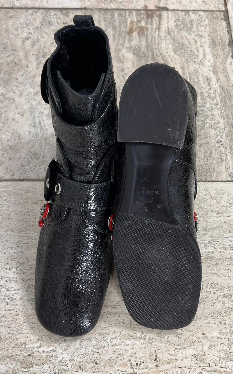 Christian Dior Black Crackle Patent Leather Ankle Boots 39,5 ( 2016 )
