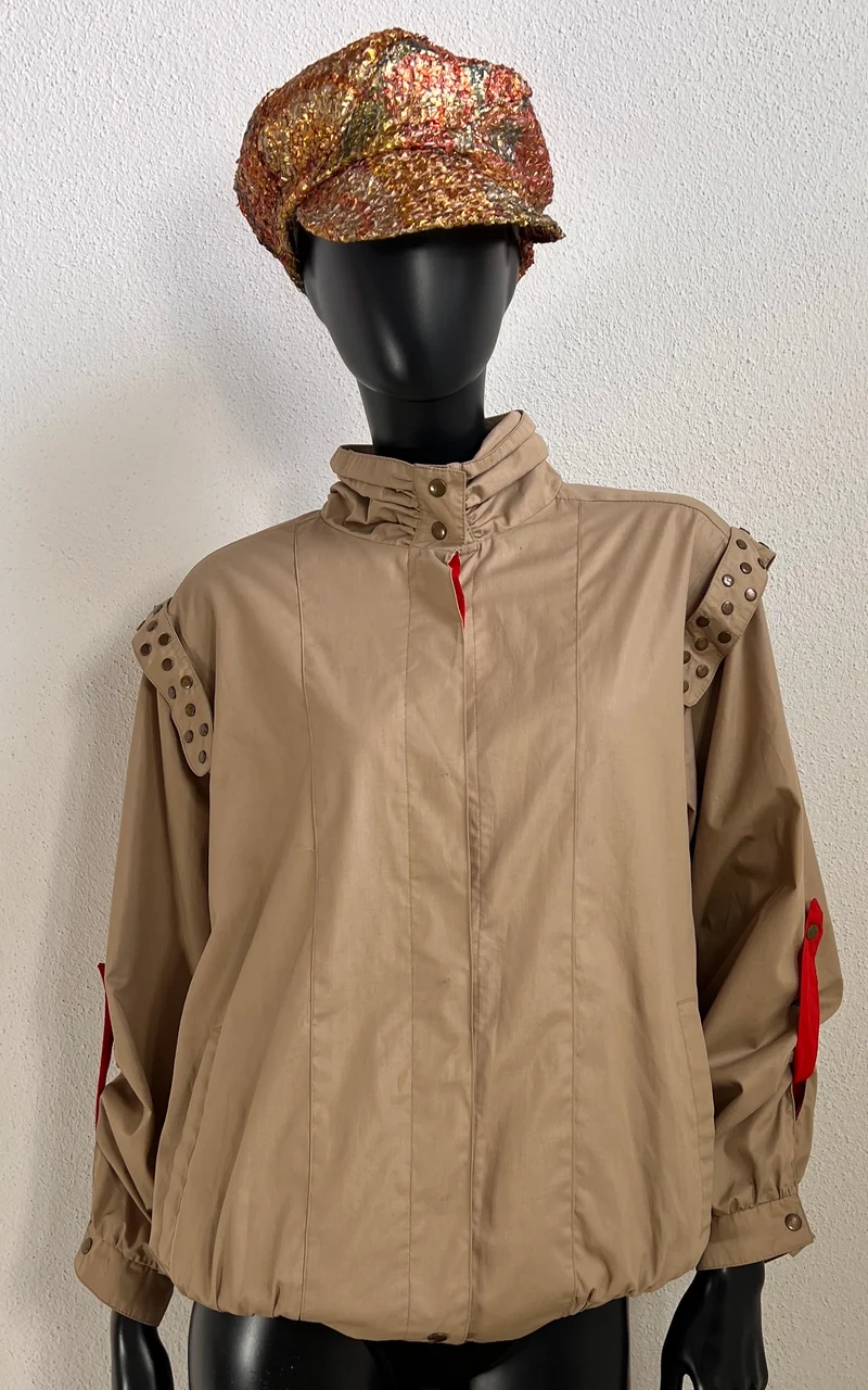 Vintage Beige Studded Jacket with Red Accents