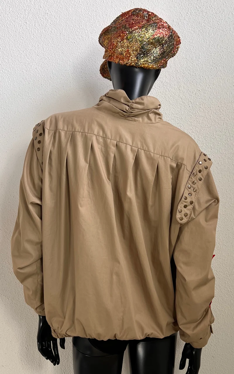 Vintage Beige Studded Jacket with Red Accents
