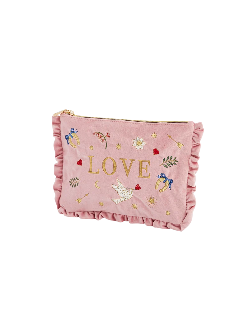 Pink Love Velvet Embroidered Pouch