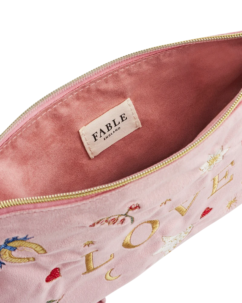 Pink Love Velvet Embroidered Pouch