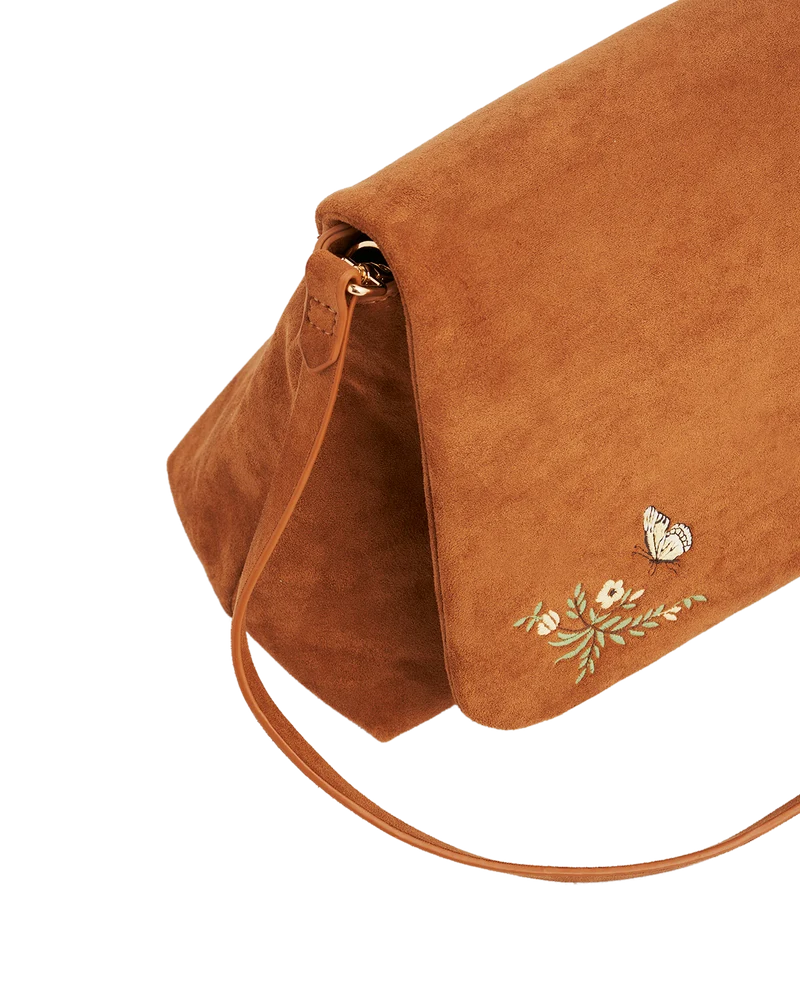 Tan Floral Embroidered Shoulder Bag
