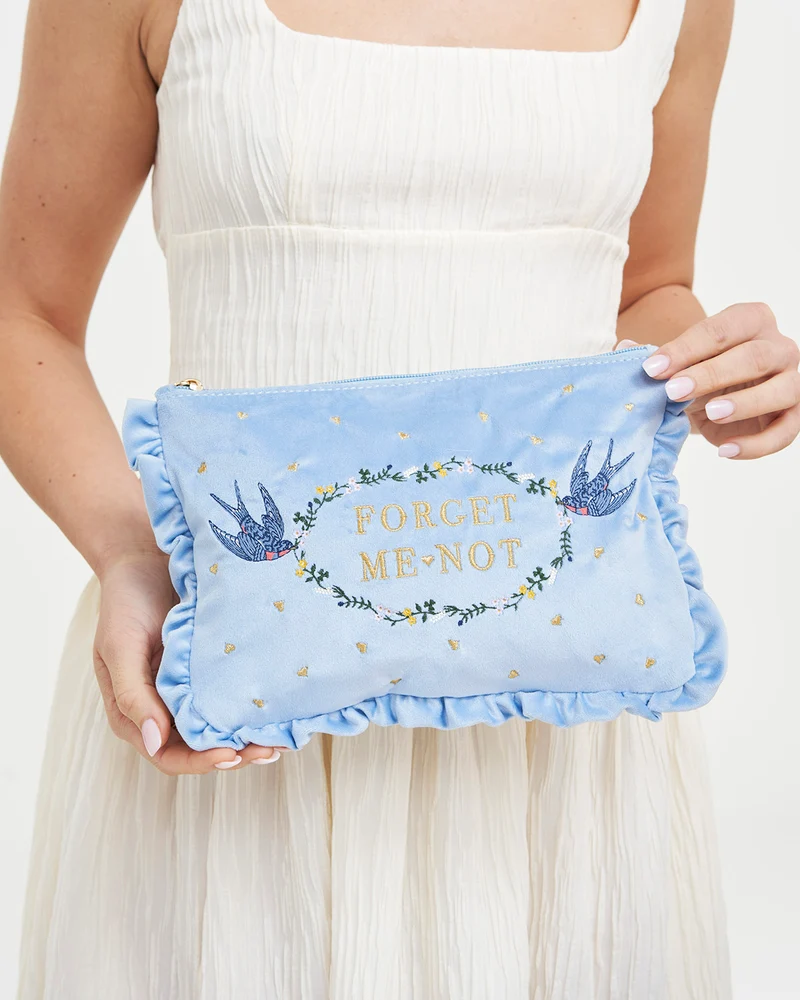 Blue Forget Me Not Velvet Embroidered Pouch