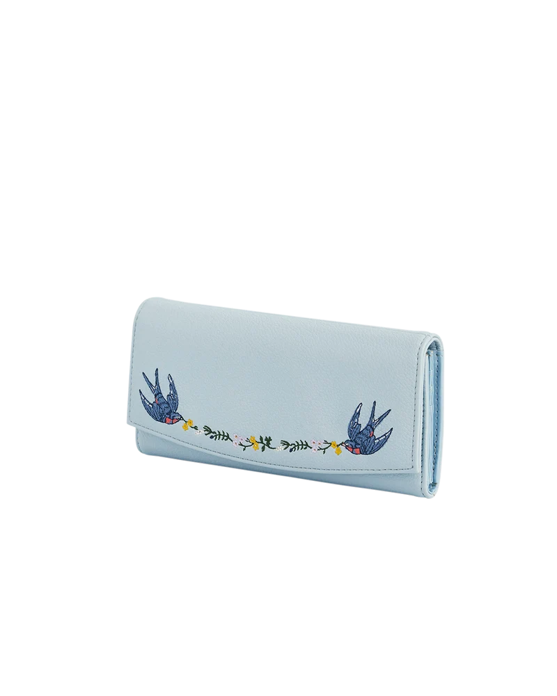Swallow Embroidered Large Blue Purse