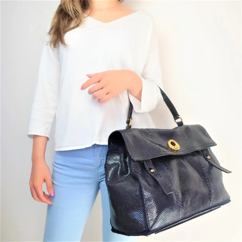 YSL Saint Laurent Blue Python Leather Muse 2 Handbag
