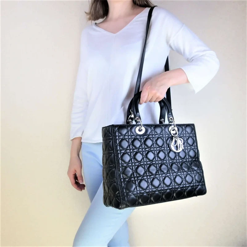 Christian Dior Black Cannage Lambskin Large Lady Dior Shoulder Bag