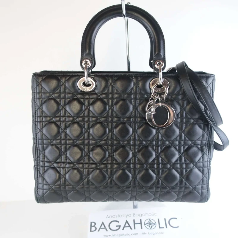Christian Dior Black Cannage Lambskin Large Lady Dior Shoulder Bag