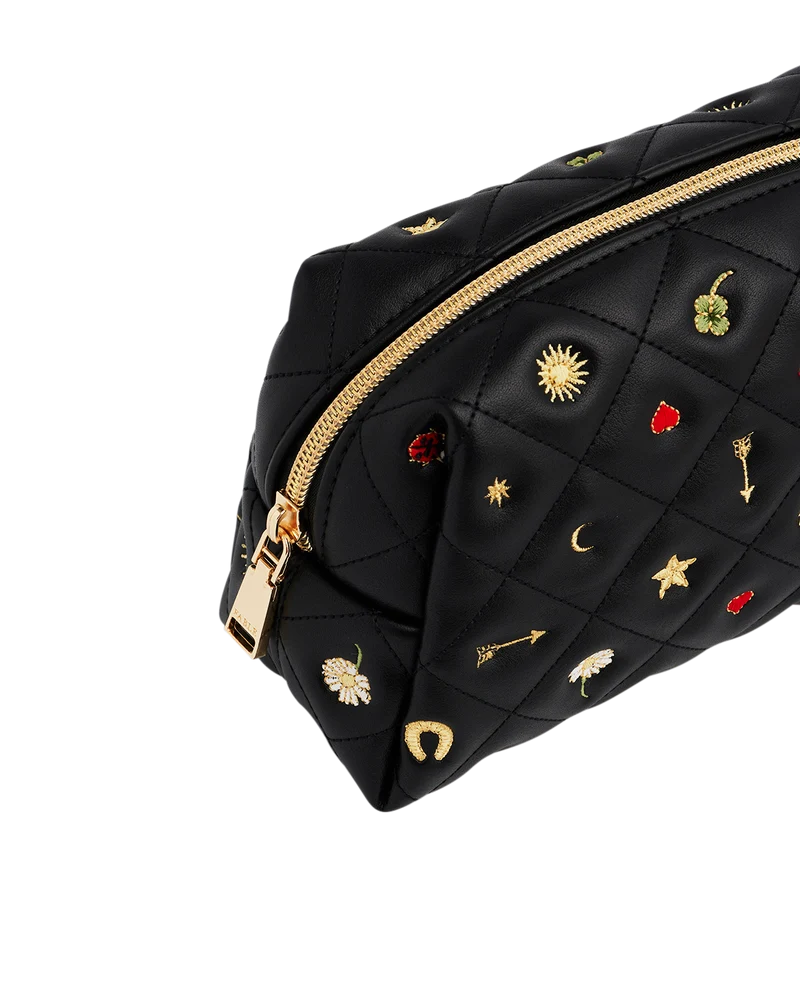 Black Quilted Celestial Embroidered Pouch