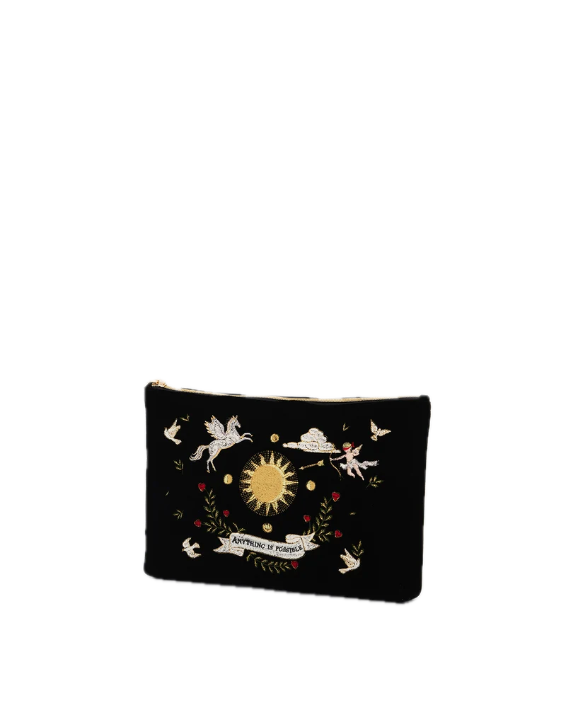 Black Celestial Velvet Embroidered Pouch