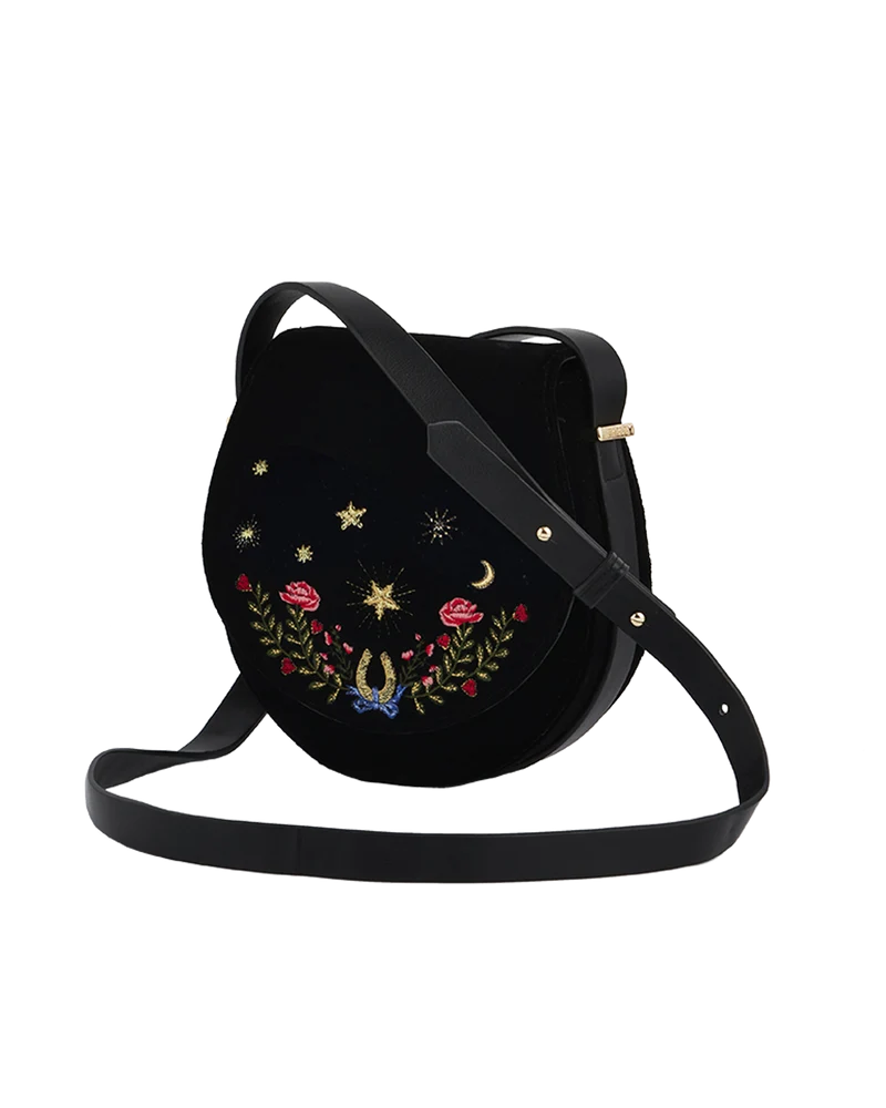 Kate Celestial Embroidered Black Velvet Saddle Bag