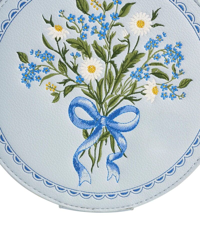 Isabel Floral Bow Blue Embroidered Circle Bag
