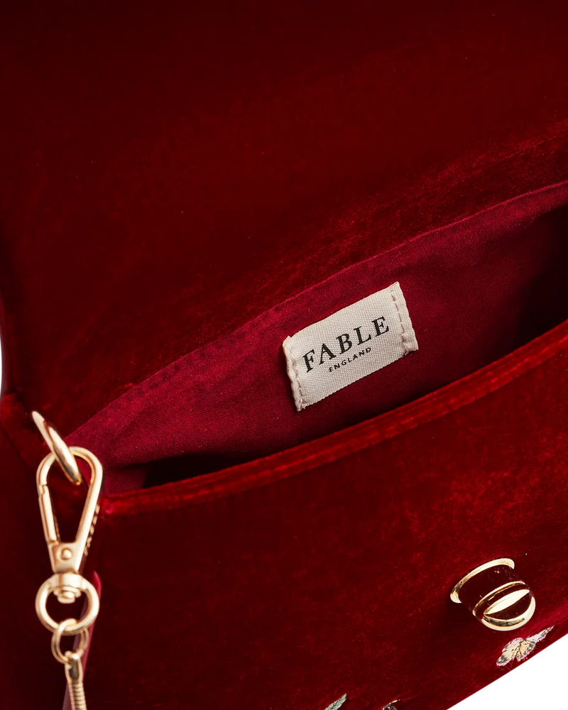 Mary Floral Embroidered Red Velvet Clutch