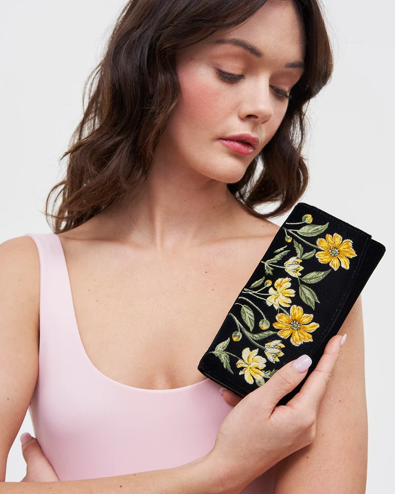 Black Botanical Velvet Embroidered Purse Large