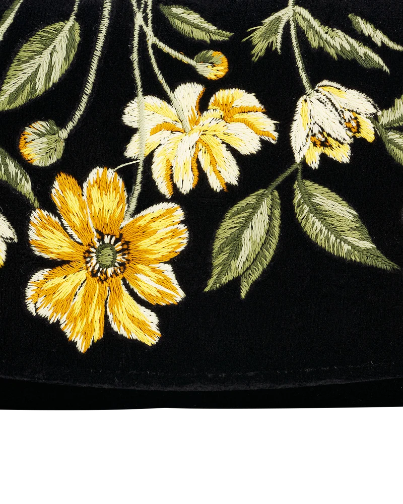 Black Botanical Velvet Embroidered Purse Large