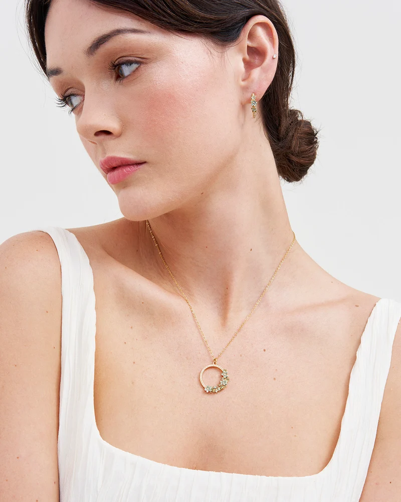 Gold Floral Wreath Necklace & Floral Wreath Hoop Earrings Set