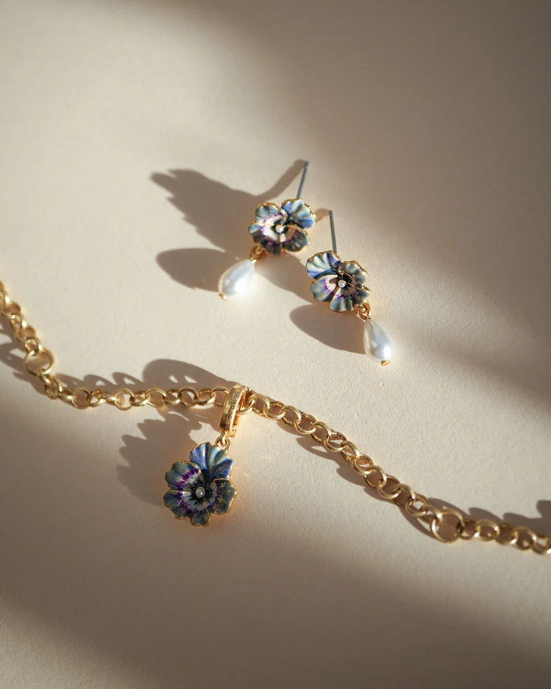 Gold Pansy Pearl Earrings & Pansy & Pearl Collector Charm Bracelet Set