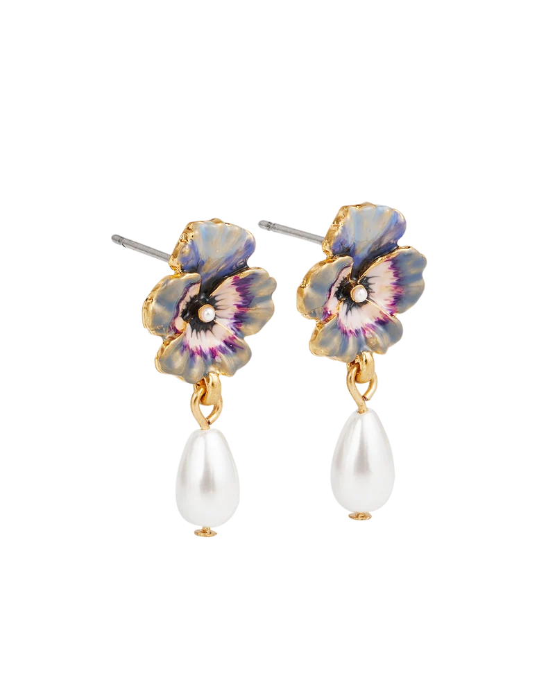 Gold Pansy Pearl Earrings & Pansy & Pearl Collector Charm Bracelet Set