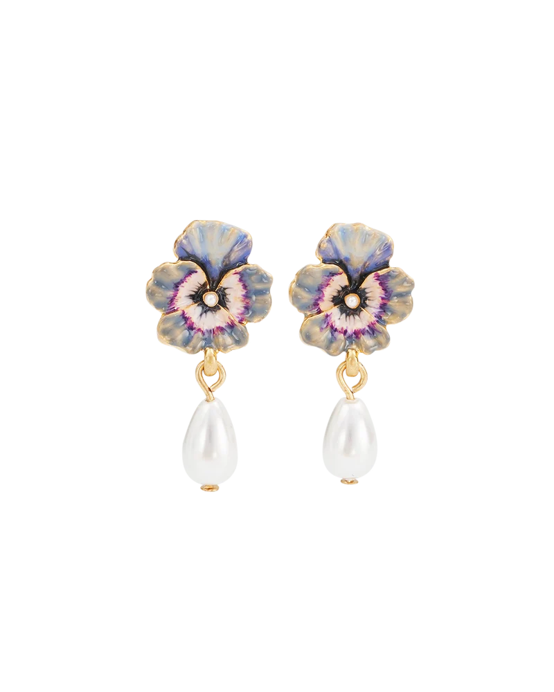 Gold Pansy Pearl Earrings & Pansy & Pearl Collector Charm Bracelet Set