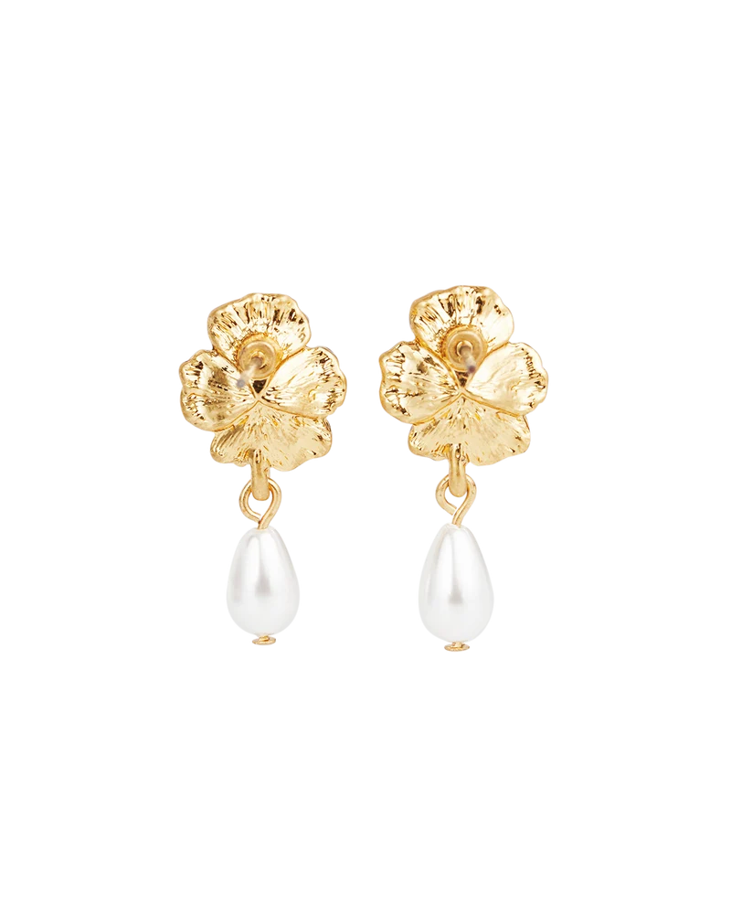 Gold Pansy Pearl Earrings & Pansy & Pearl Collector Charm Bracelet Set