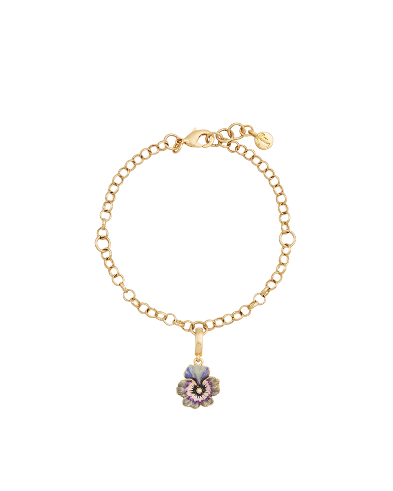 Gold Pansy Pearl Earrings & Pansy & Pearl Collector Charm Bracelet Set