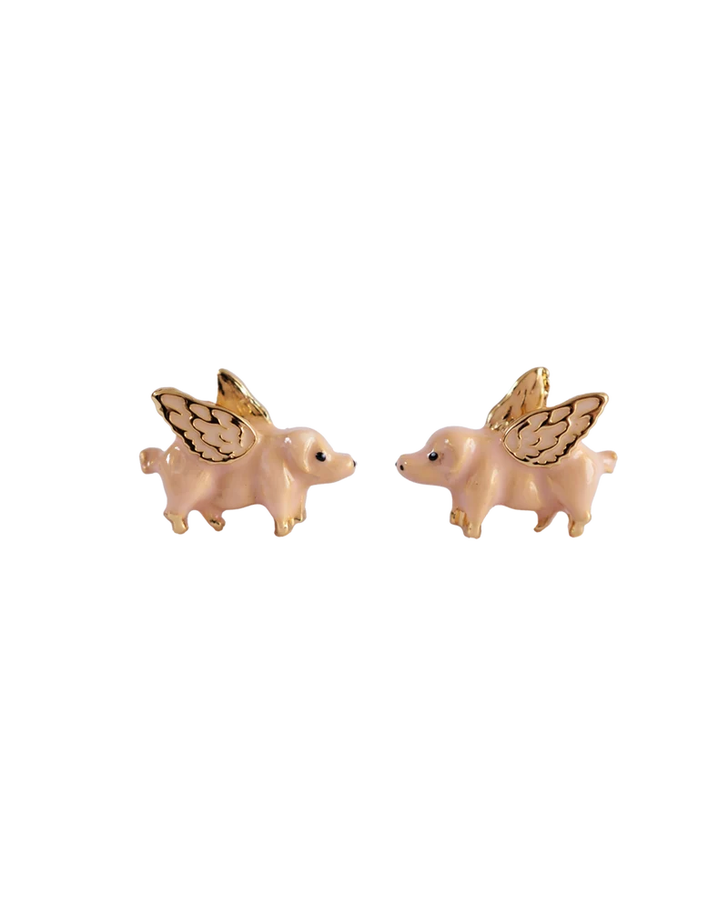 Gold Flying Pig Necklace & Stud Earrings Set
