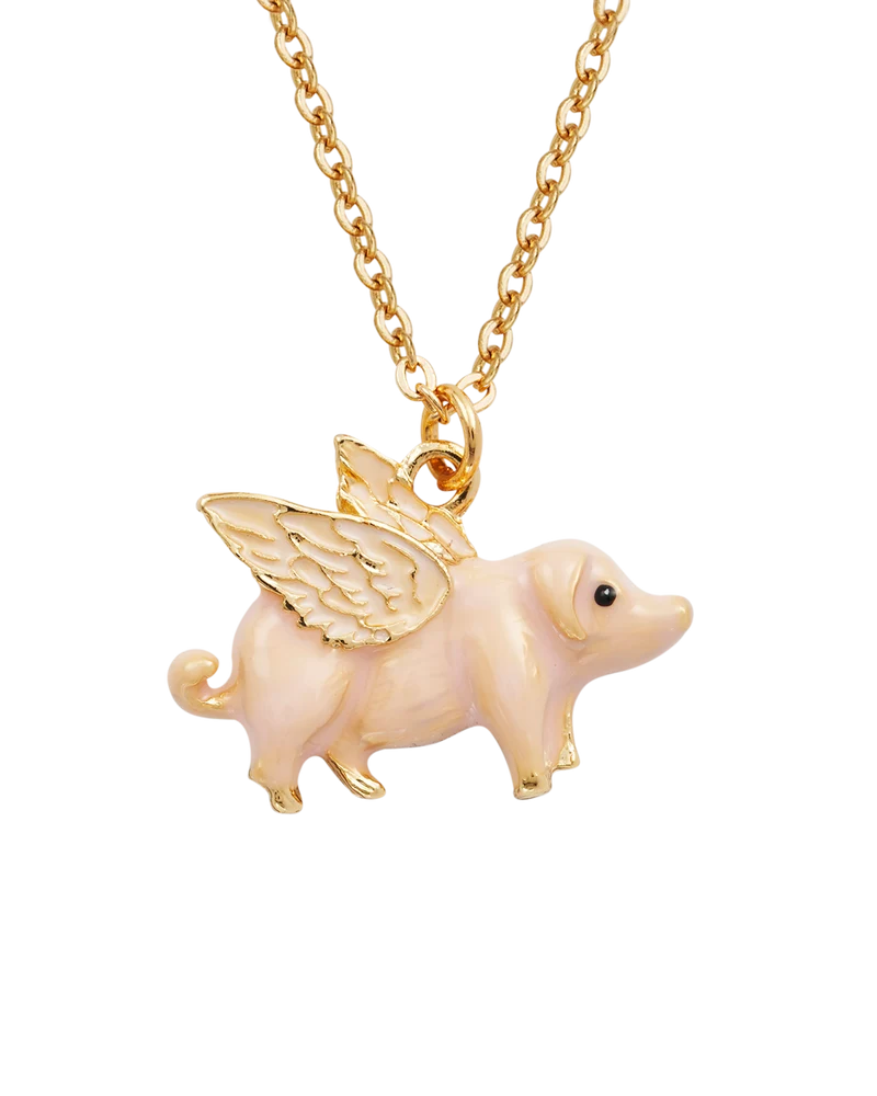 Gold Flying Pig Necklace & Stud Earrings Set
