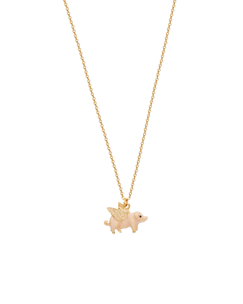 Gold Flying Pig Necklace & Stud Earrings Set
