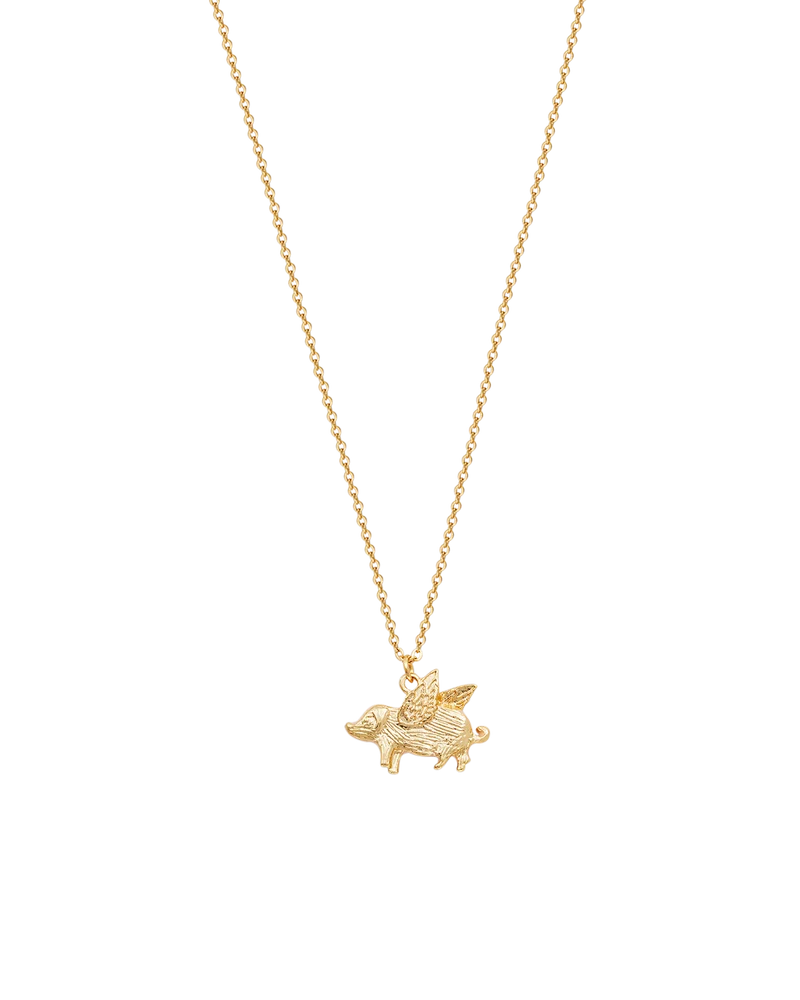 Gold Flying Pig Necklace & Stud Earrings Set
