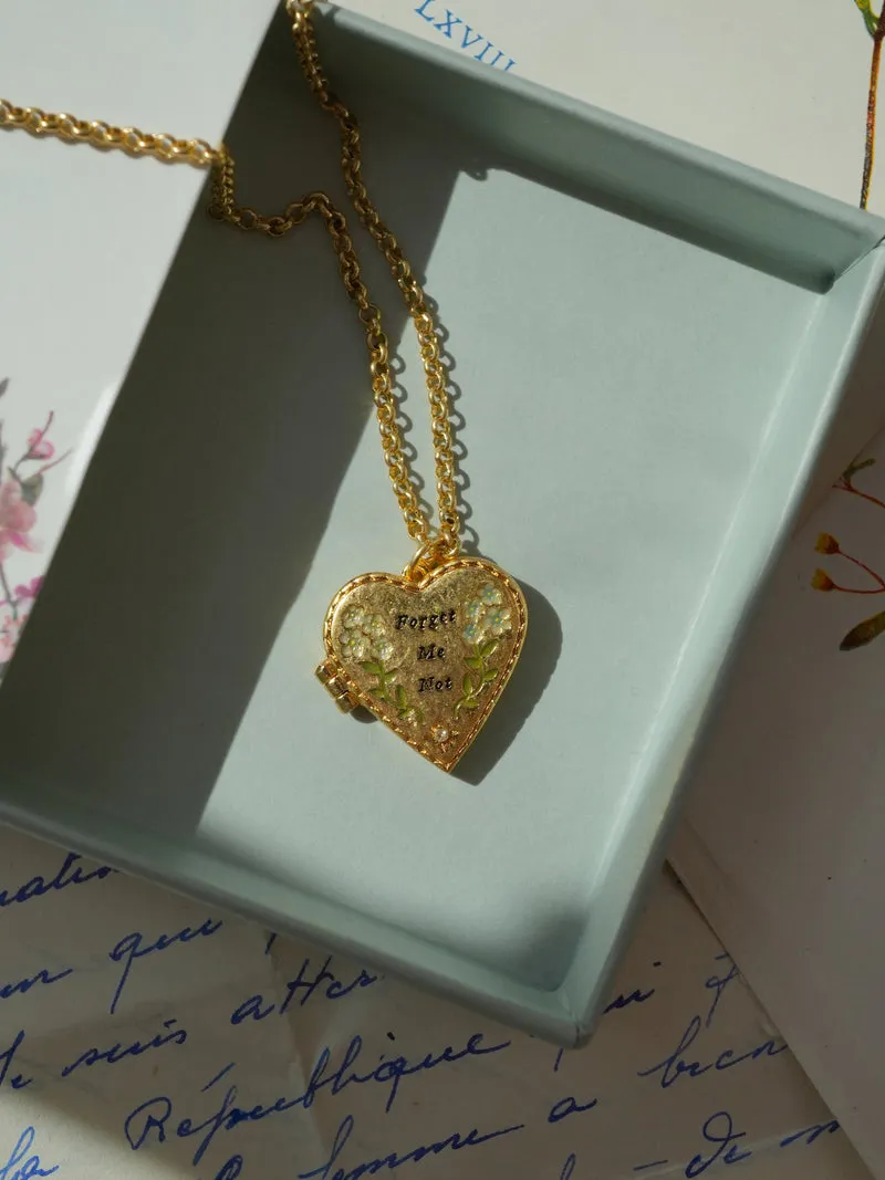 Gold Forget Me Not Heart Locket & Stud Earrings Set