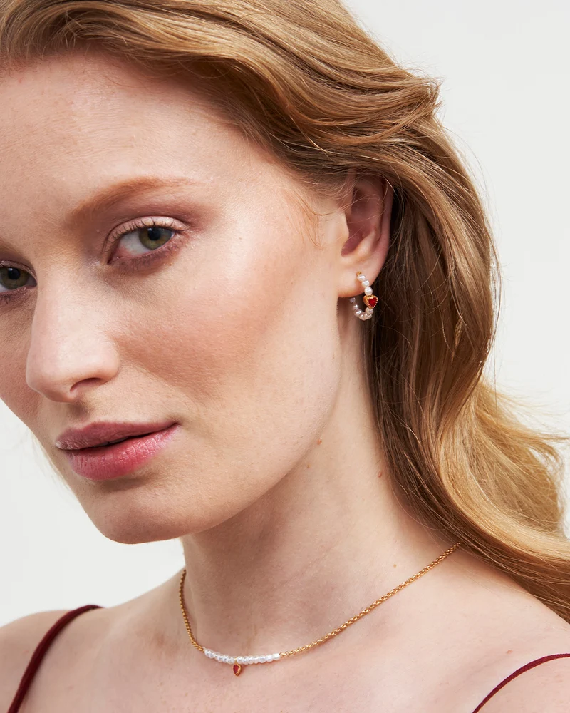 Gold Love Heart Pearl Necklace & Heart Pearl Hoop Earrings Set