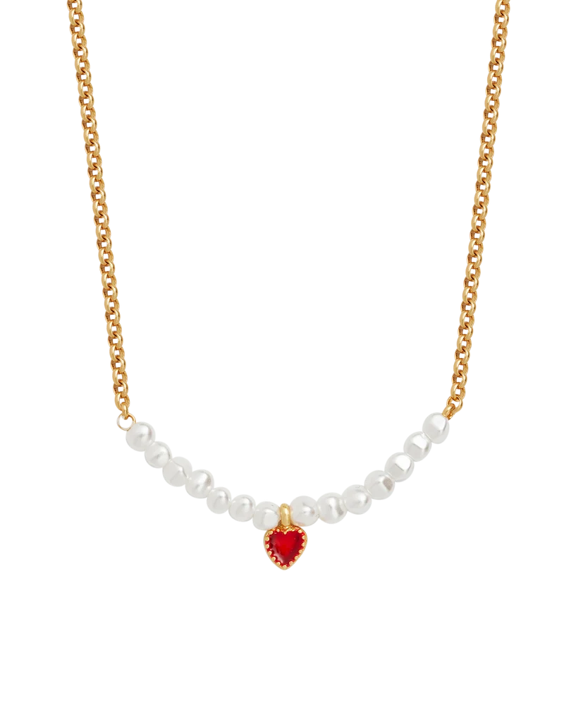 Gold Love Heart Pearl Necklace & Heart Pearl Hoop Earrings Set