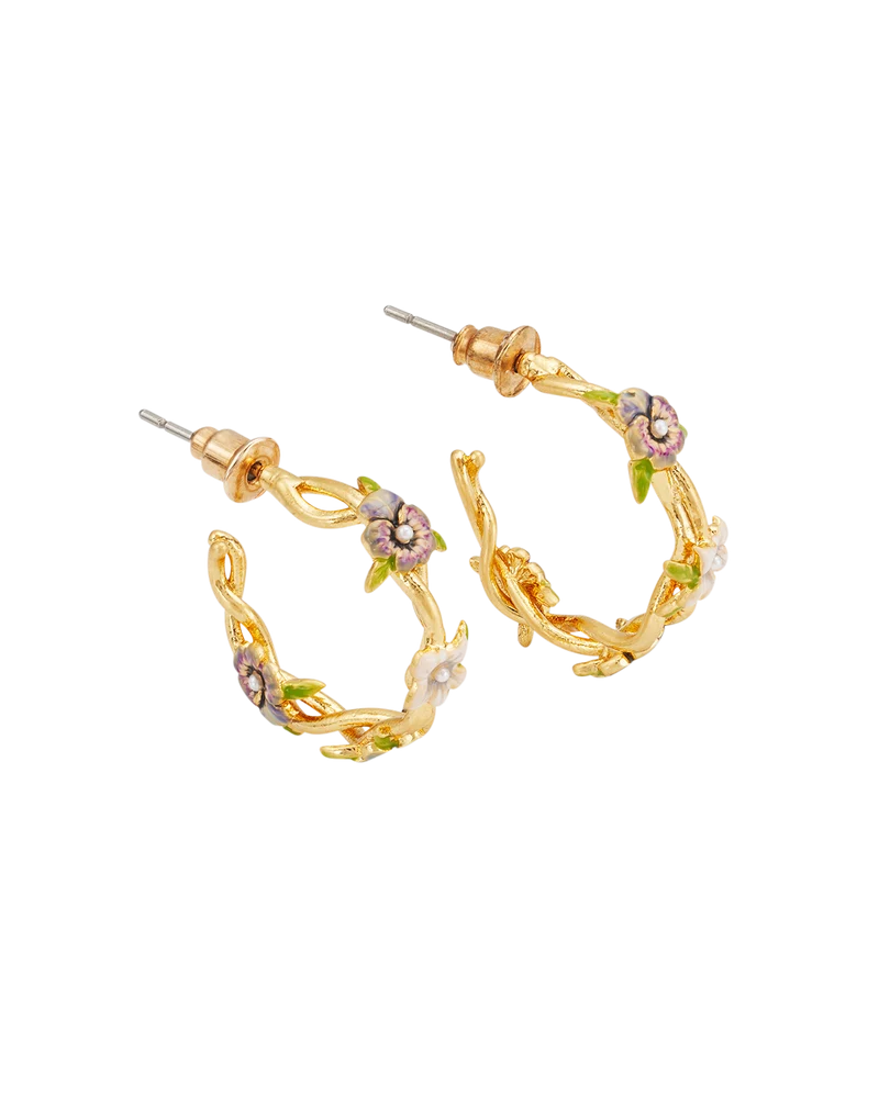 Gold Wildflower Hoop Earrings & Pansy Pearl Bangle Set