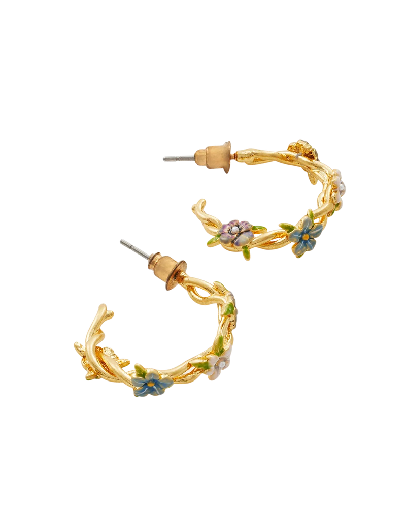 Gold Wildflower Hoop Earrings & Pansy Pearl Bangle Set