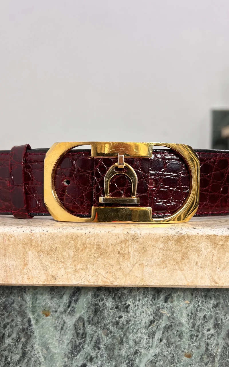 Vintage 70s Burgundy Gold Horsebit Buckle Belt