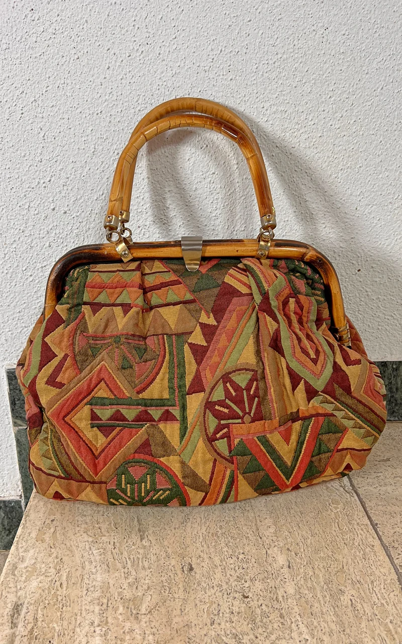 Vintage Tapestry Bamboo Handbag