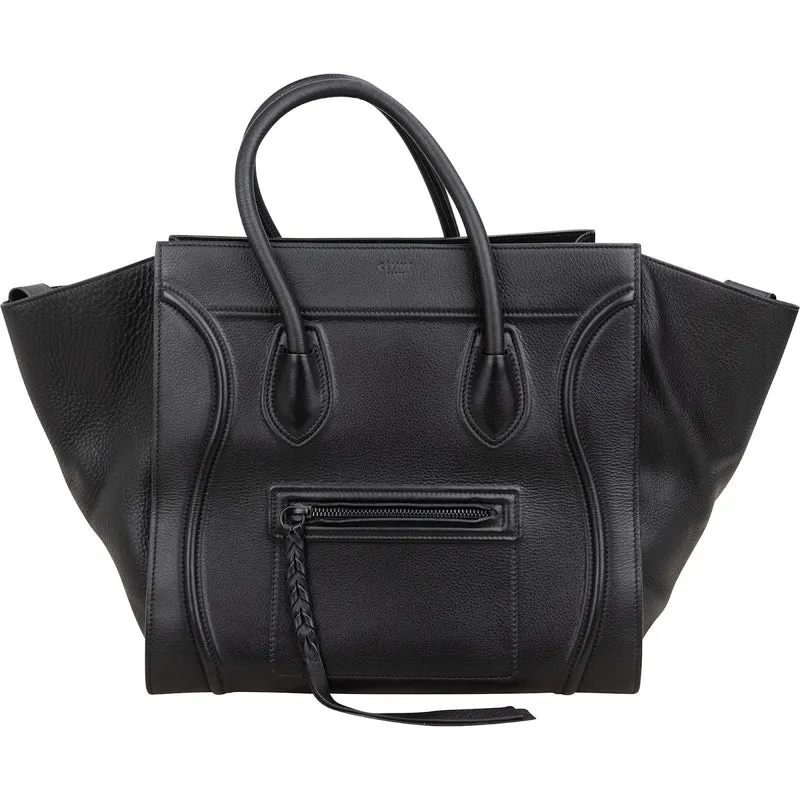 Céline Black Drummed Calfskin Phantom Handbag