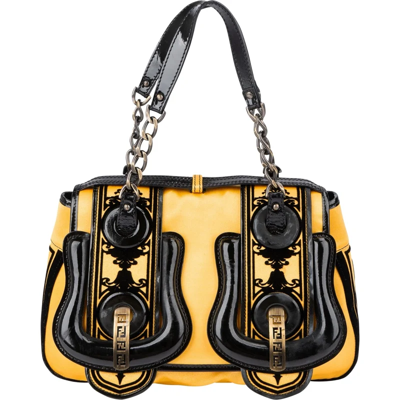 Fendi Yellow Velvet Satin & Patent Leather B. Handbag