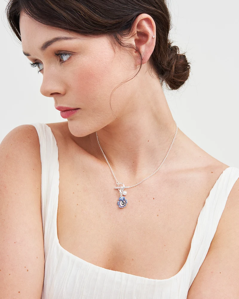 Silver Pansy & Pearl Toggle Necklace & Charm Bracelet Set