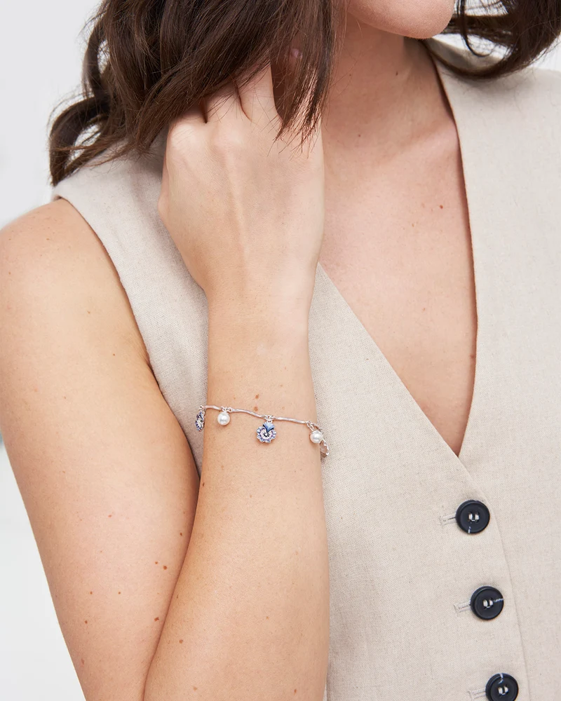 Silver Pansy & Pearl Toggle Necklace & Charm Bracelet Set