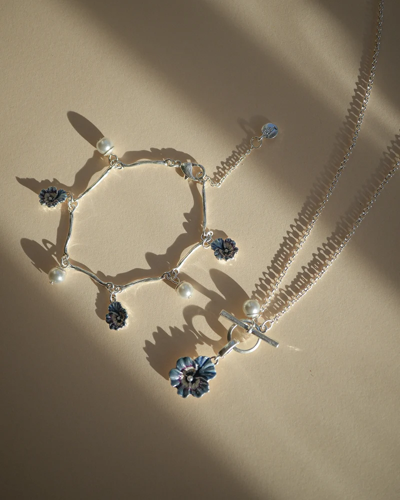 Silver Pansy & Pearl Toggle Necklace & Charm Bracelet Set