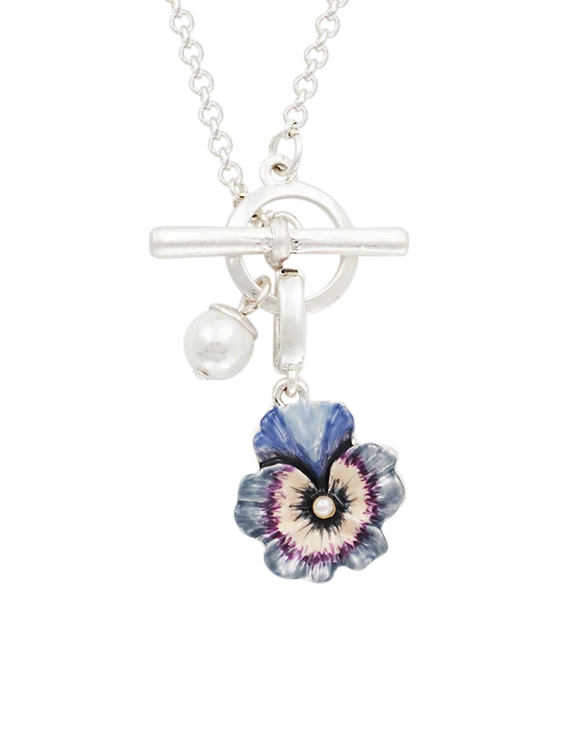Silver Pansy & Pearl Toggle Necklace & Charm Bracelet Set