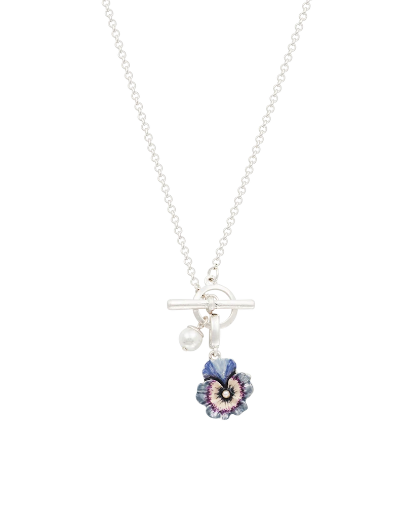 Silver Pansy & Pearl Toggle Necklace & Charm Bracelet Set