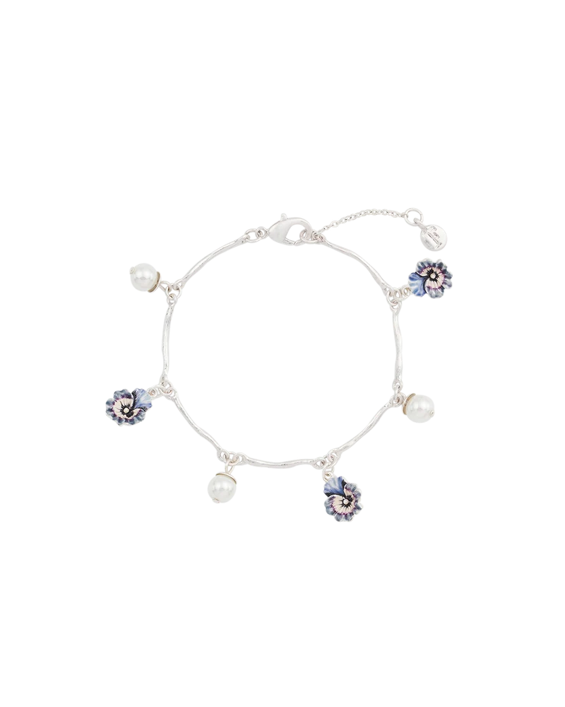 Silver Pansy & Pearl Toggle Necklace & Charm Bracelet Set