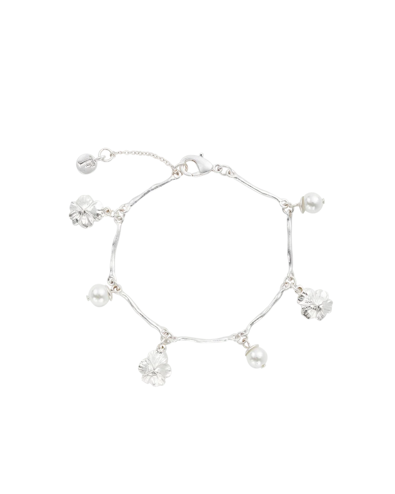 Silver Pansy & Pearl Toggle Necklace & Charm Bracelet Set