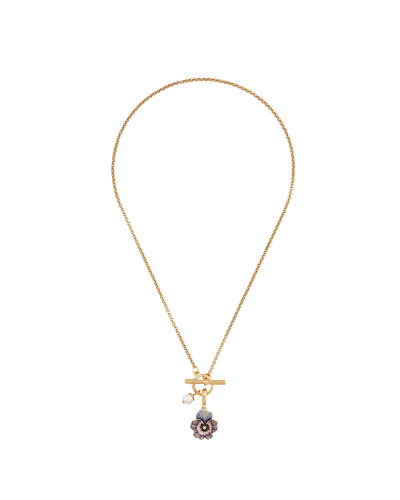 Gold Pansy & Pearl Toggle Necklace & Charm Bracelet Set